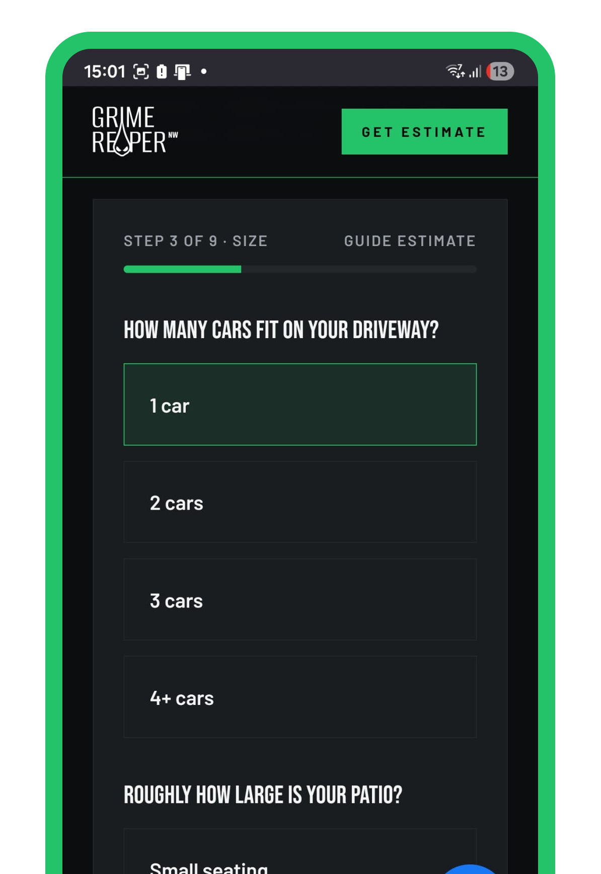 Grime Reaper online estimator on a mobile phone